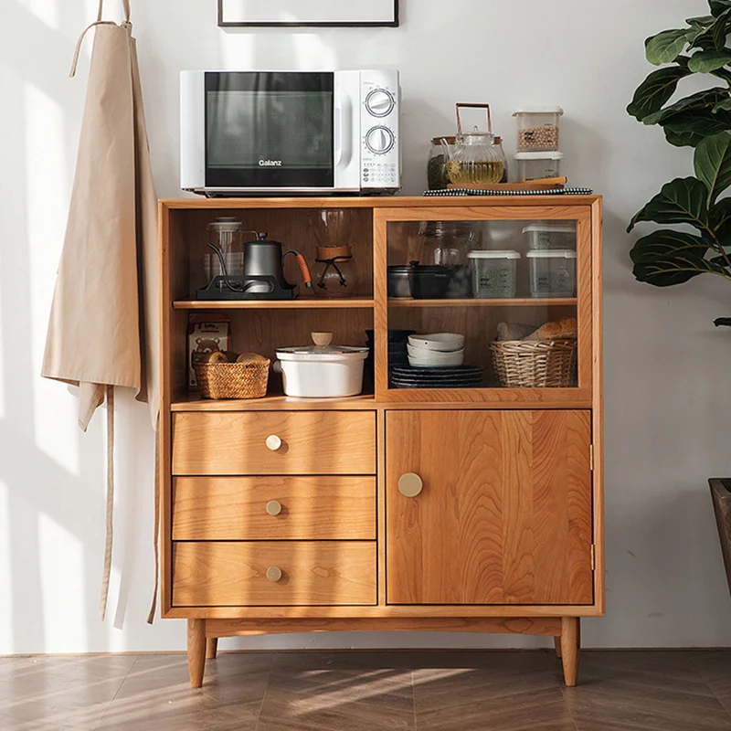 Traditional Japanese Cherry Wood Glass Cylindrical Rectangular Storage Cabinet With 3 Drawers For Living Room