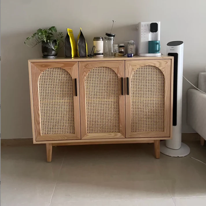 Traditional Japanese Ash Wood Rattan Plywood Rectangular Storage Cabinet With 2/3/4 Storage For Living Room