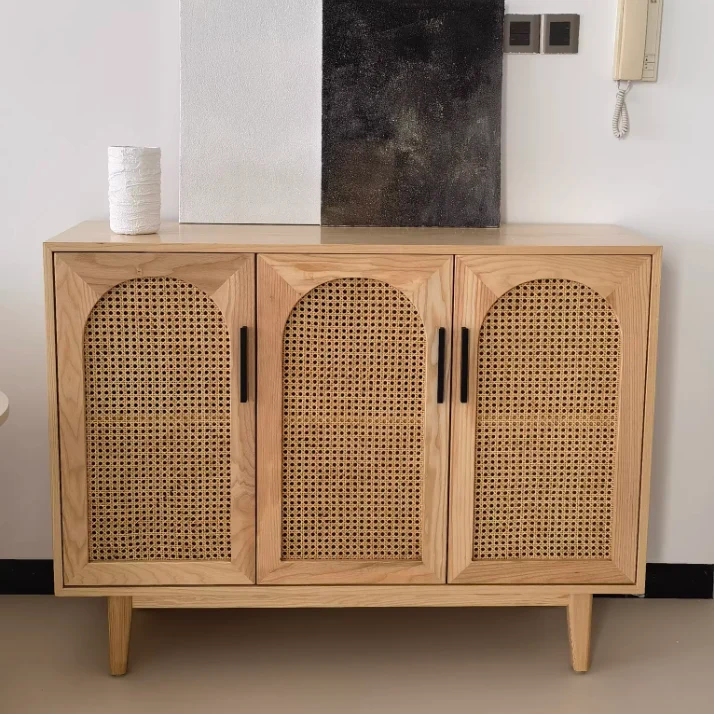 Traditional Japanese Ash Wood Rattan Plywood Rectangular Storage Cabinet With 2/3/4 Storage For Living Room
