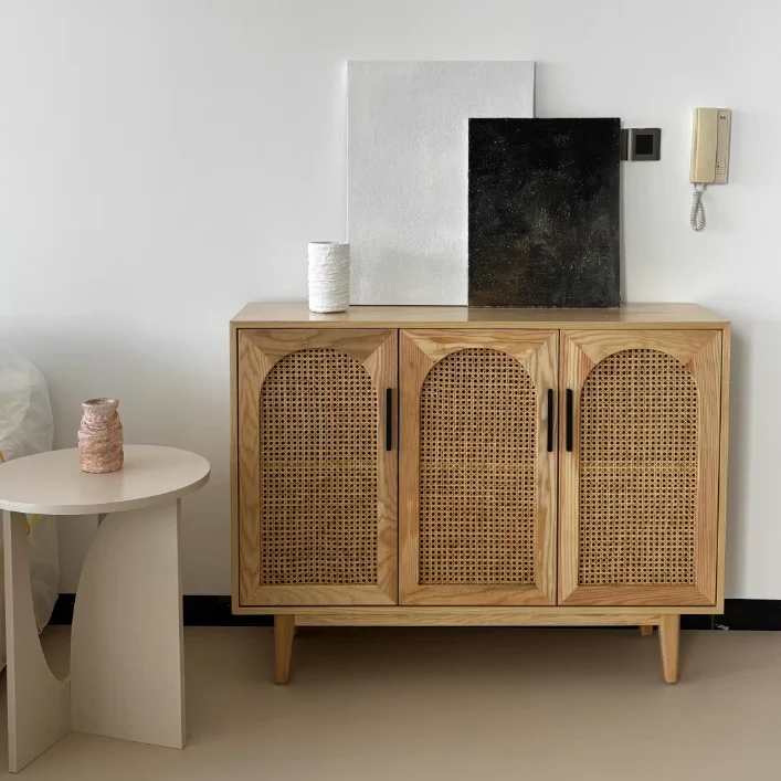 Traditional Japanese Ash Wood Rattan Plywood Rectangular Storage Cabinet With 2/3/4 Storage For Living Room