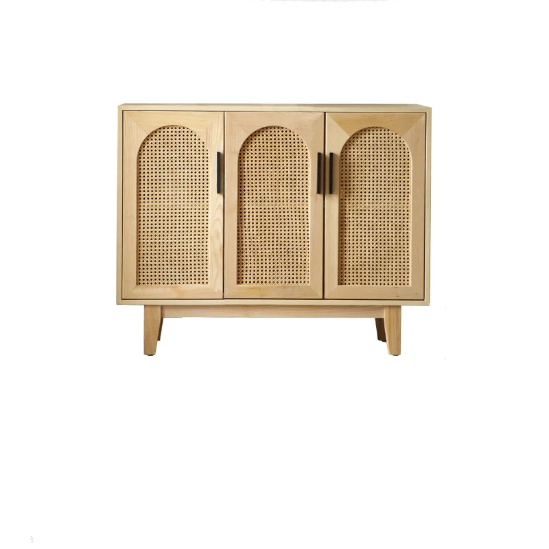 Traditional Japanese Ash Wood Rattan Plywood Rectangular Storage Cabinet With 2/3/4 Storage For Living Room