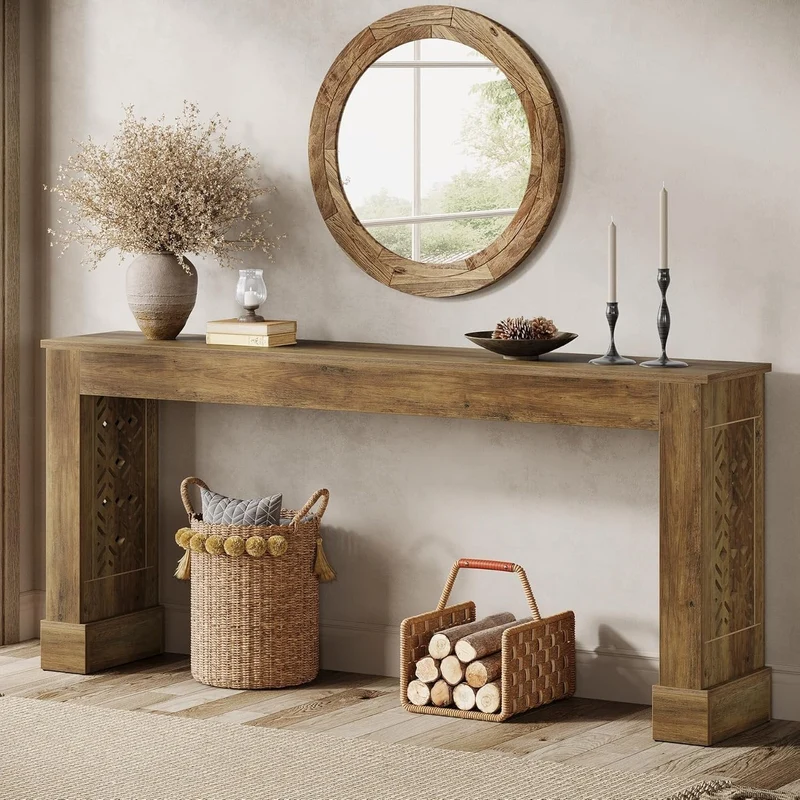 Tribesigns Console de style maison de campagne de 160 cm, Table d'entrée au design industriel rétro avec pieds à motifs creux en marron