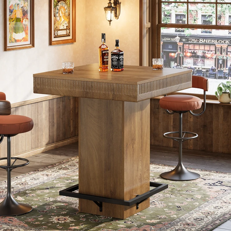 Tribesigns Table de bar carrée de 80 cm avec plateau en bois et piètement en métal, Table haute de style bistro industriel