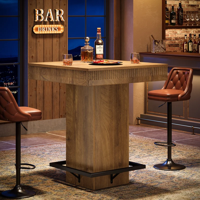 Tribesigns Table de bar carrée de 80 cm avec plateau en bois et piètement en métal, Table haute de style bistro industriel