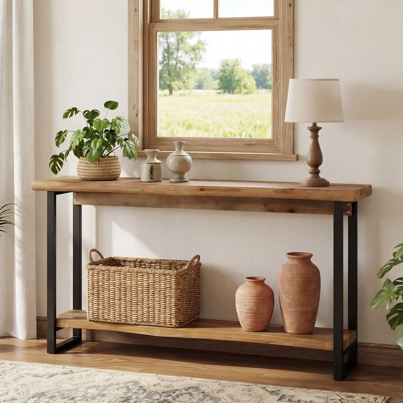 Tribesigns Console en bois massif de 160 cm avec bord naturel, Table basse à deux niveaux
