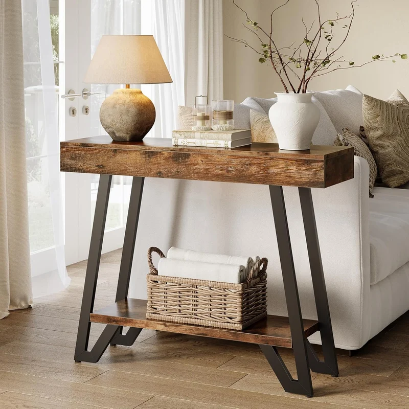 Tribesigns Console de style industriel rustique, Étagère à deux niveaux avec structure métallique pour entrée et salon