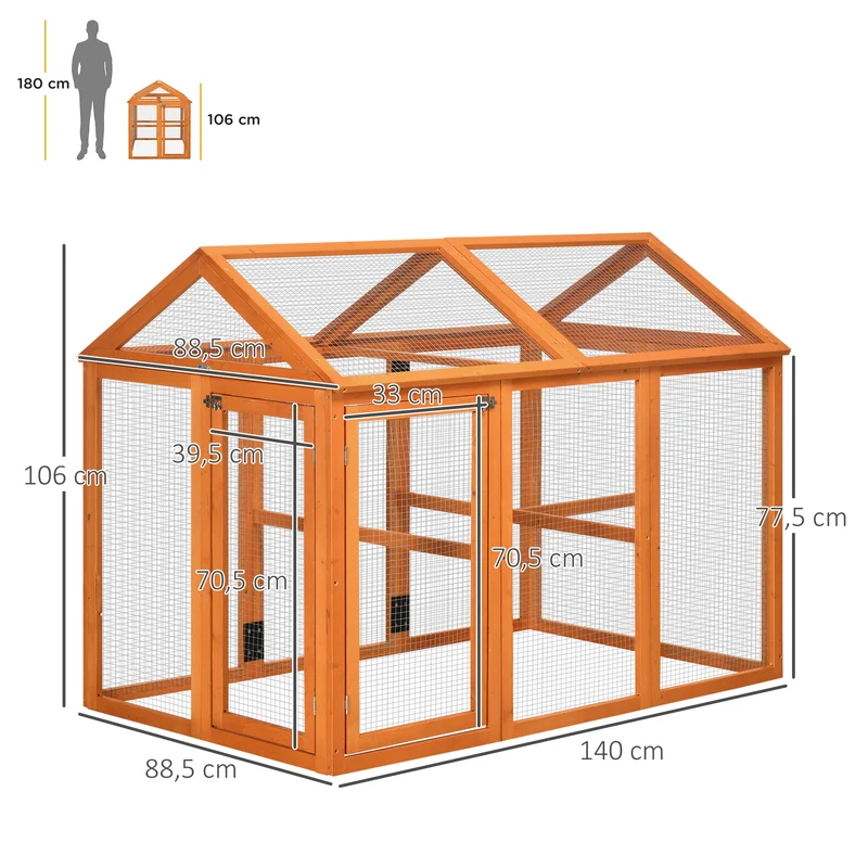 Enclos pour poules grillagé extérieur 140 x 88,5 x 106 cm sécurité portes verrouillées confort rustique en bois orange 21_0007961