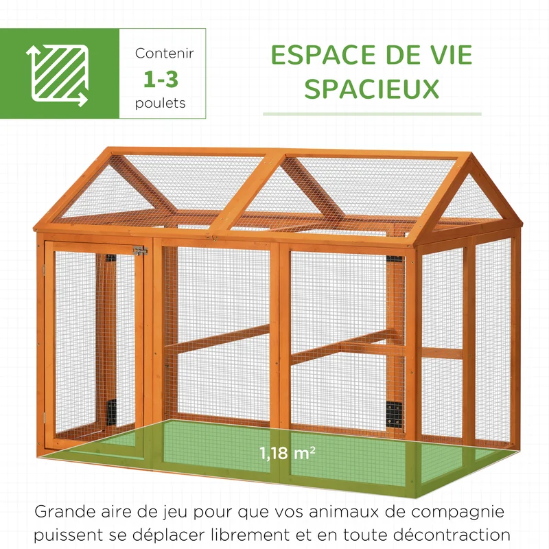 Enclos pour poules grillagé extérieur 140 x 88,5 x 106 cm sécurité portes verrouillées confort rustique en bois orange 21_0007961