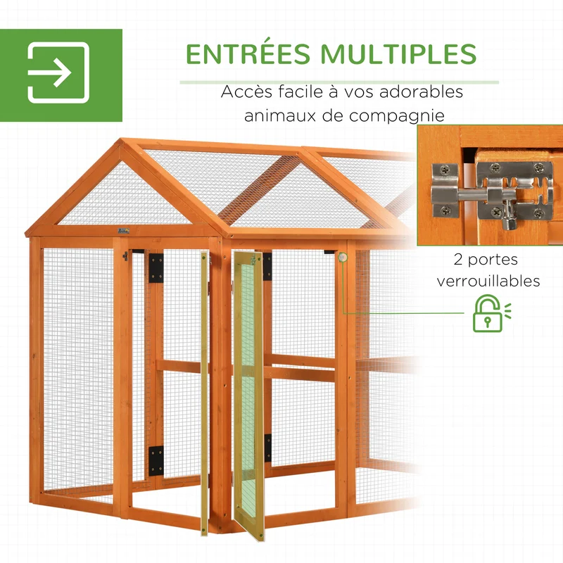 Enclos pour poules grillagé extérieur 140 x 88,5 x 106 cm sécurité portes verrouillées confort rustique en bois orange 21_0007961