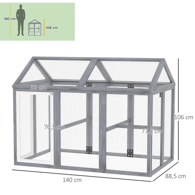 Enclos poulailler extérieur grillagé 140 x 88,5 x 106 cm portes verrouillables sécurité aération rustique en bois gris 21_0007959