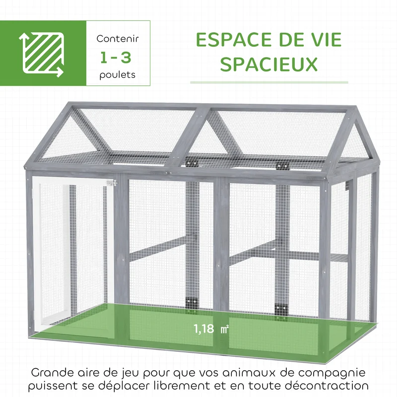 Enclos poulailler extérieur grillagé 140 x 88,5 x 106 cm portes verrouillables sécurité aération rustique en bois gris 21_0007959
