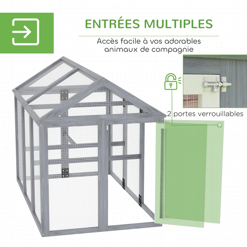 Enclos poulailler extérieur grillagé 140 x 88,5 x 106 cm portes verrouillables sécurité aération rustique en bois gris 21_0007959
