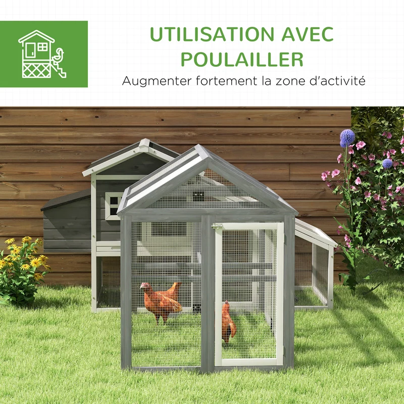 Enclos poulailler extérieur grillagé 140 x 88,5 x 106 cm portes verrouillables sécurité aération rustique en bois gris 21_0007959