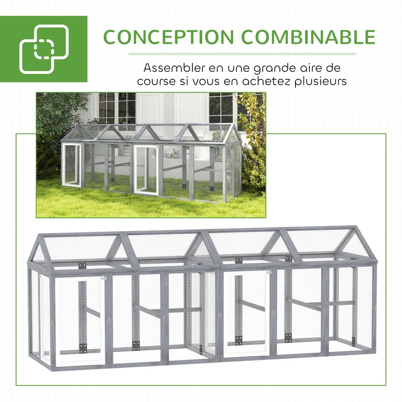Enclos poulailler extérieur grillagé 140 x 88,5 x 106 cm portes verrouillables sécurité aération rustique en bois gris 21_0007959