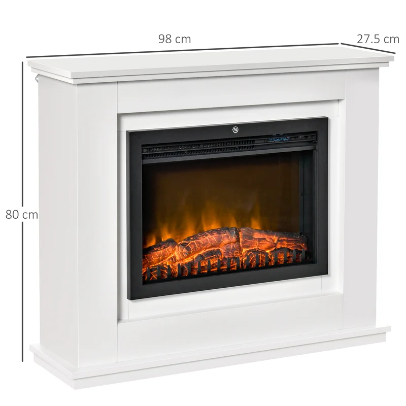 Cheminée électrique grande taille salon 98 x 27,5 x 80 cm effet flammes led 3d chauffage 2000 w contemporain en MDF blanc 21_0001113