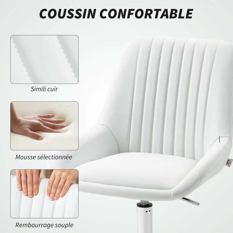 Chaise de bureau sans accoudoirs ergonomique réglable 52 x 58 x 80-90 cm assise confort moderne en polyuréthane blanc 21_0006310