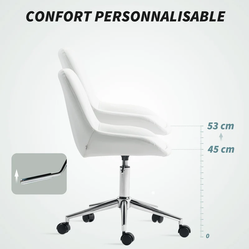 Chaise de bureau sans accoudoirs ergonomique réglable 52 x 58 x 80-90 cm assise confort moderne en polyuréthane blanc 21_0006310