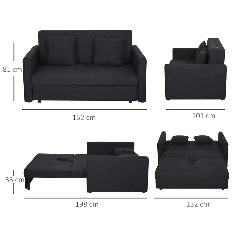 Canapé-lit 2 places convertible pour petit studio 152 x 101 x 81 cm avec coffre et 2 coussins épuré en coton gris foncé 21_0001768