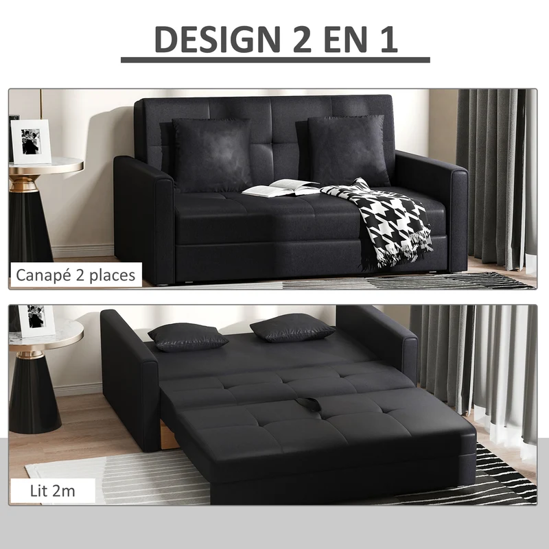Canapé-lit 2 places convertible pour petit studio 152 x 101 x 81 cm avec coffre et 2 coussins épuré en coton gris foncé 21_0001768