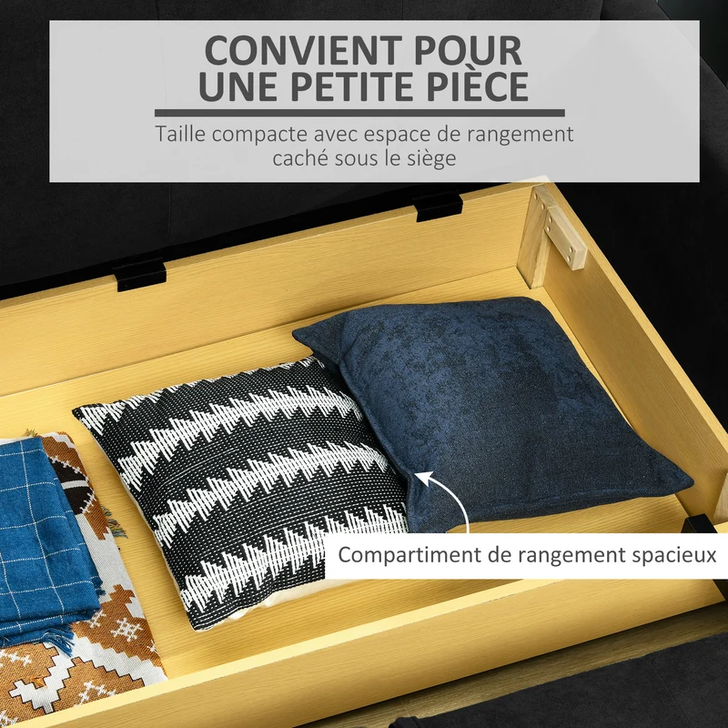 Canapé-lit 2 places convertible pour petit studio 152 x 101 x 81 cm avec coffre et 2 coussins épuré en coton gris foncé 21_0001768