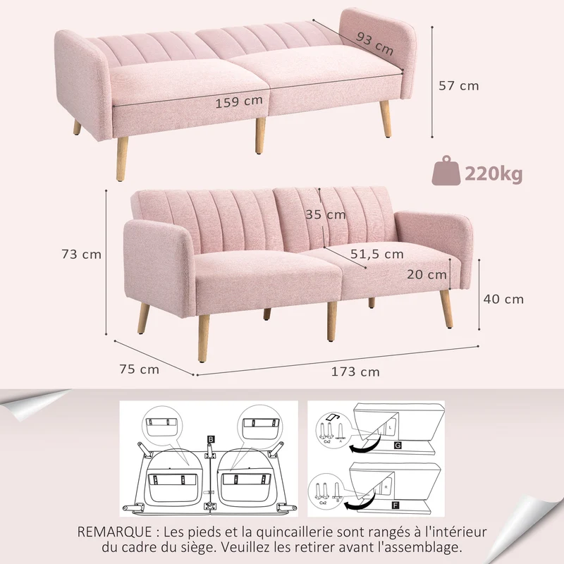 Canapé 2 places convertible salon 173 x 75 x 73 cm dossier inclinable 3 positions scandinave épuré en polyester rose 21_0003046