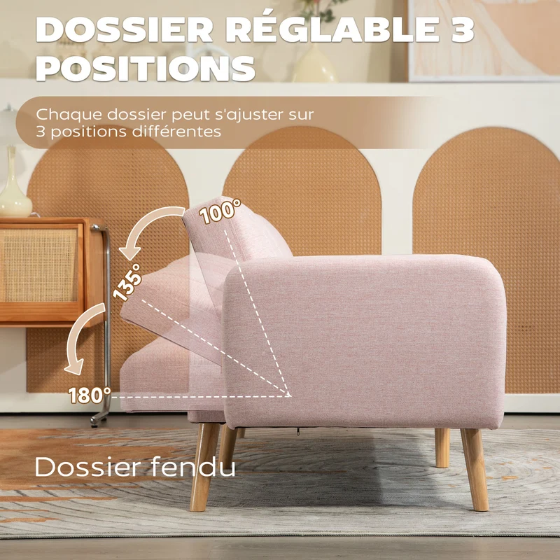 Canapé 2 places convertible salon 173 x 75 x 73 cm dossier inclinable 3 positions scandinave épuré en polyester rose 21_0003046