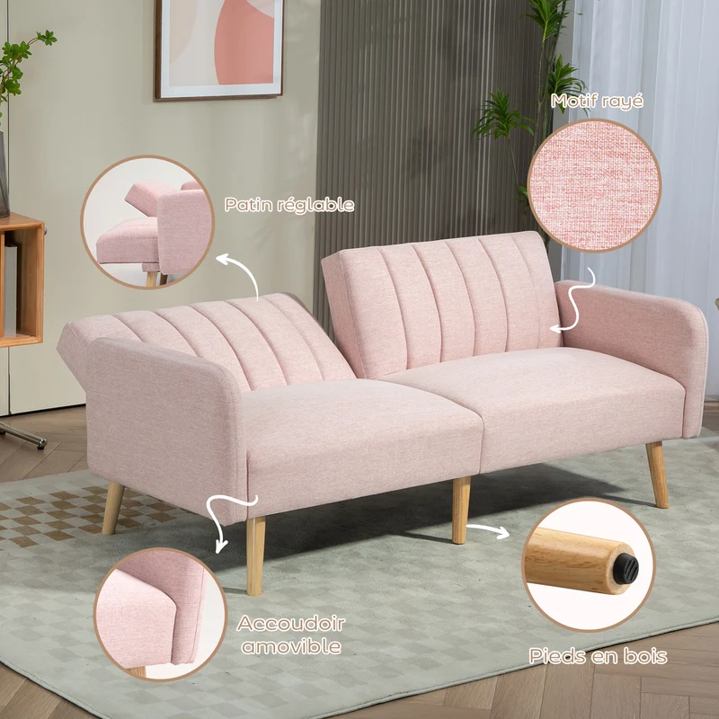 Canapé 2 places convertible salon 173 x 75 x 73 cm dossier inclinable 3 positions scandinave épuré en polyester rose 21_0003046