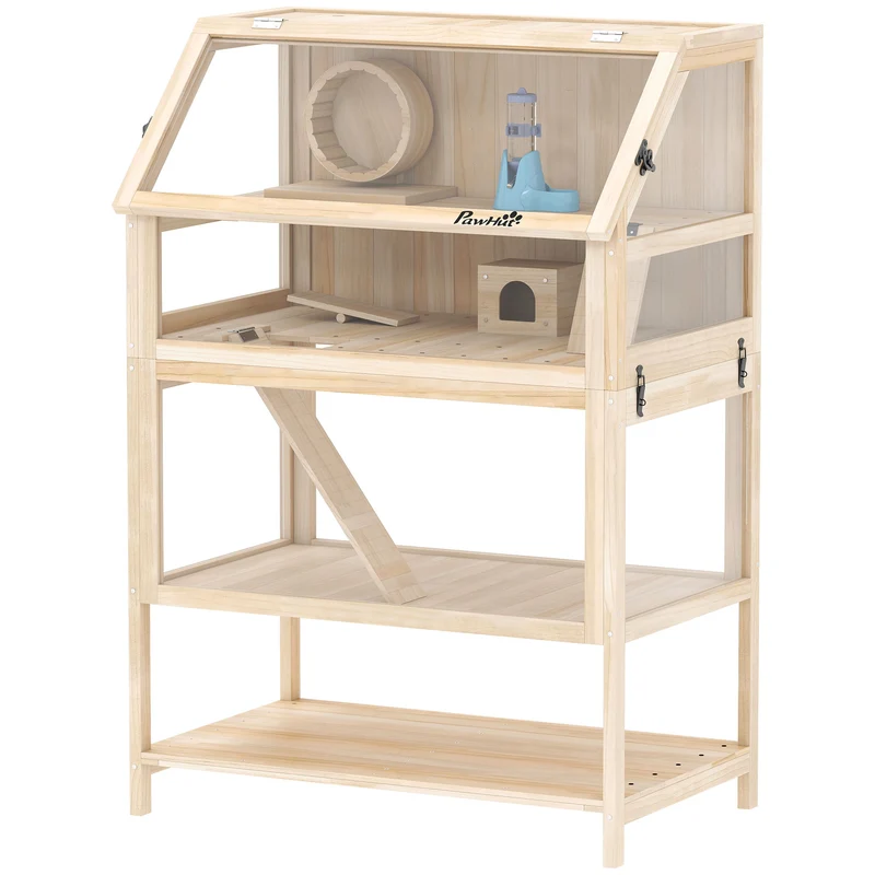 Cage pour hamster à trois niveaux 80 x 53 x 117 cm nettoyage facile roue silencieuse style scandinave en bois naturel 21_0008017