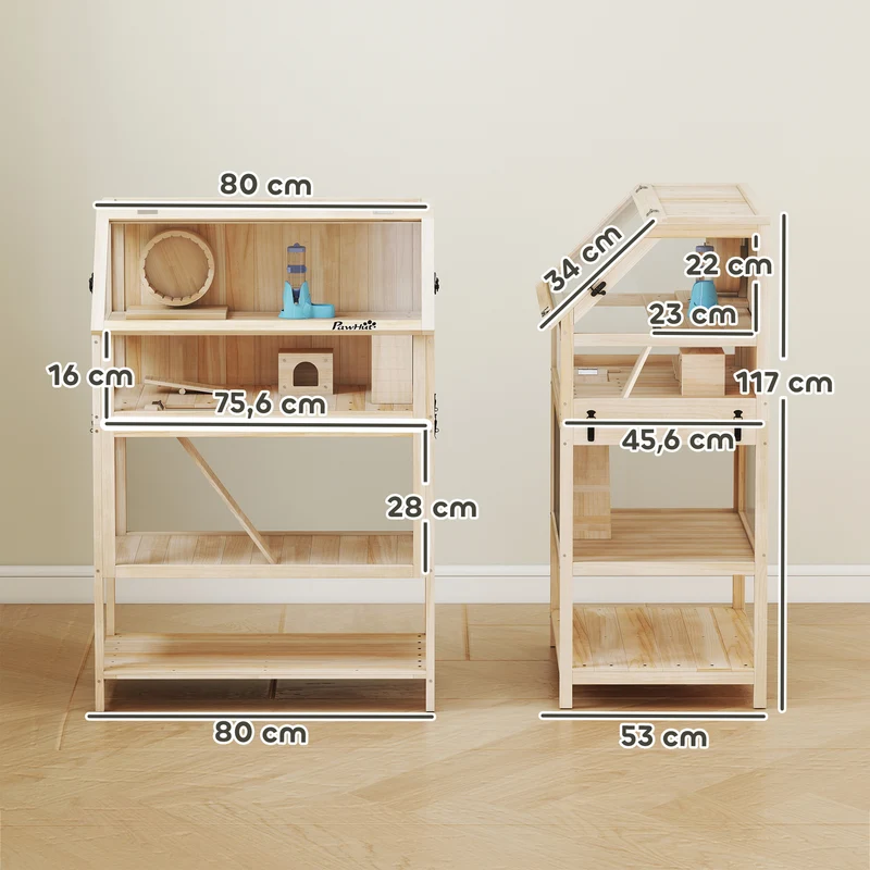 Cage pour hamster à trois niveaux 80 x 53 x 117 cm nettoyage facile roue silencieuse style scandinave en bois naturel 21_0008017