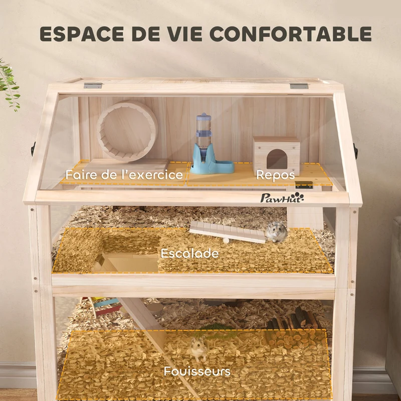 Cage pour hamster à trois niveaux 80 x 53 x 117 cm nettoyage facile roue silencieuse style scandinave en bois naturel 21_0008017