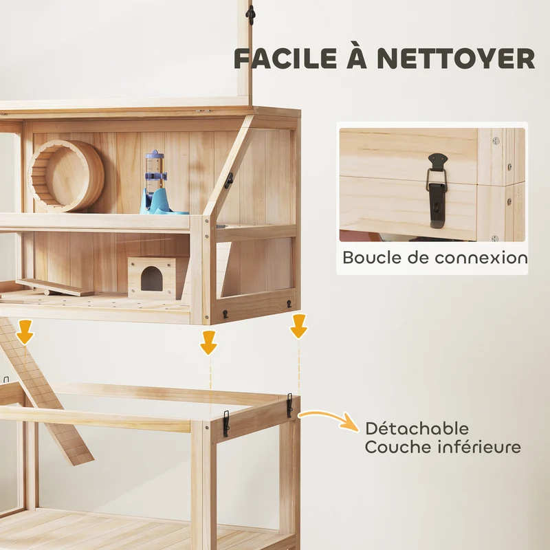 Cage pour hamster à trois niveaux 80 x 53 x 117 cm nettoyage facile roue silencieuse style scandinave en bois naturel 21_0008017