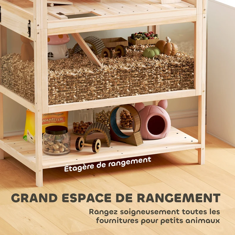 Cage pour hamster à trois niveaux 80 x 53 x 117 cm nettoyage facile roue silencieuse style scandinave en bois naturel 21_0008017