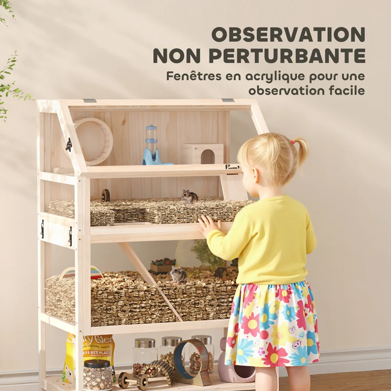 Cage pour hamster à trois niveaux 80 x 53 x 117 cm nettoyage facile roue silencieuse style scandinave en bois naturel 21_0008017