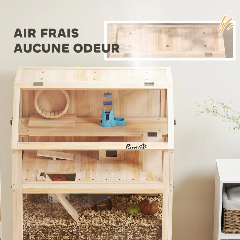 Cage pour hamster à trois niveaux 80 x 53 x 117 cm nettoyage facile roue silencieuse style scandinave en bois naturel 21_0008017