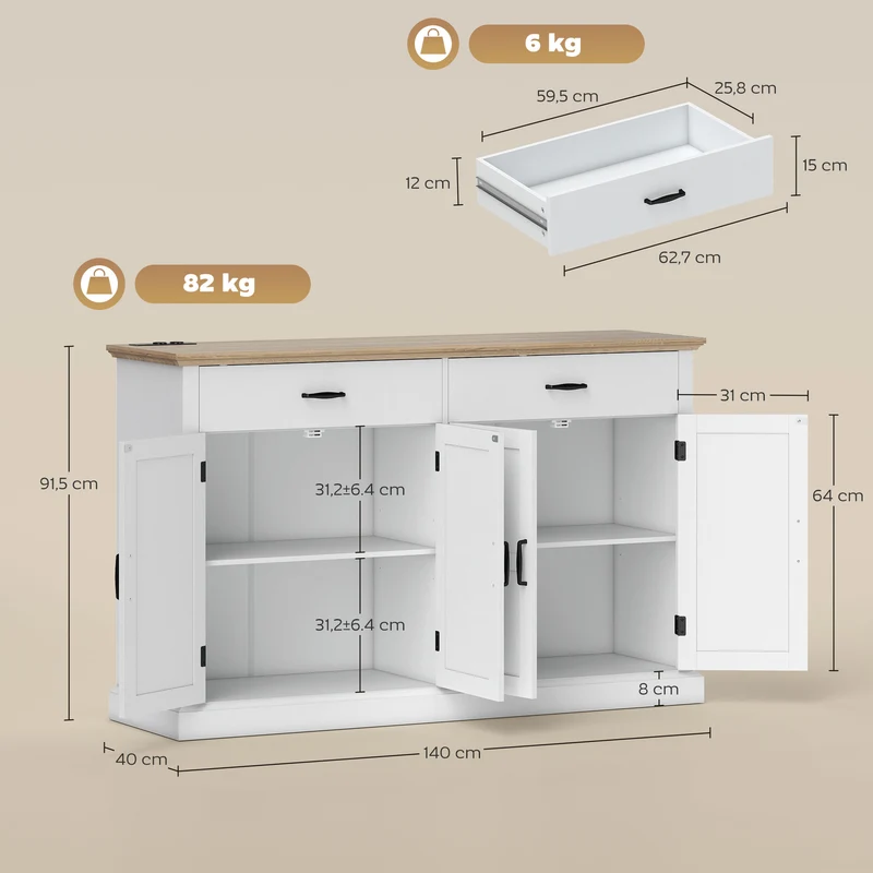 Buffet meuble tv 140 x 40 x 91,5 cm station recharge intégrée et étagères réglables rustique contemporain en MDF blanc 21_0003482