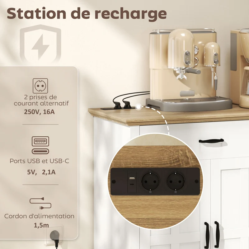 Buffet meuble tv 140 x 40 x 91,5 cm station recharge intégrée et étagères réglables rustique contemporain en MDF blanc 21_0003482