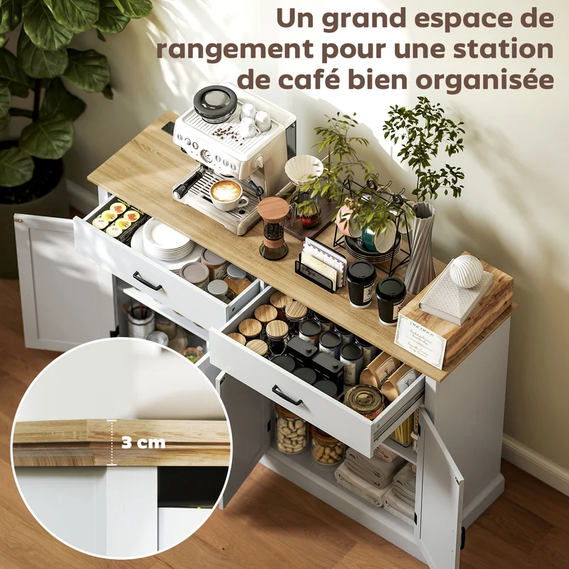 Buffet meuble tv 140 x 40 x 91,5 cm station recharge intégrée et étagères réglables rustique contemporain en MDF blanc 21_0003482