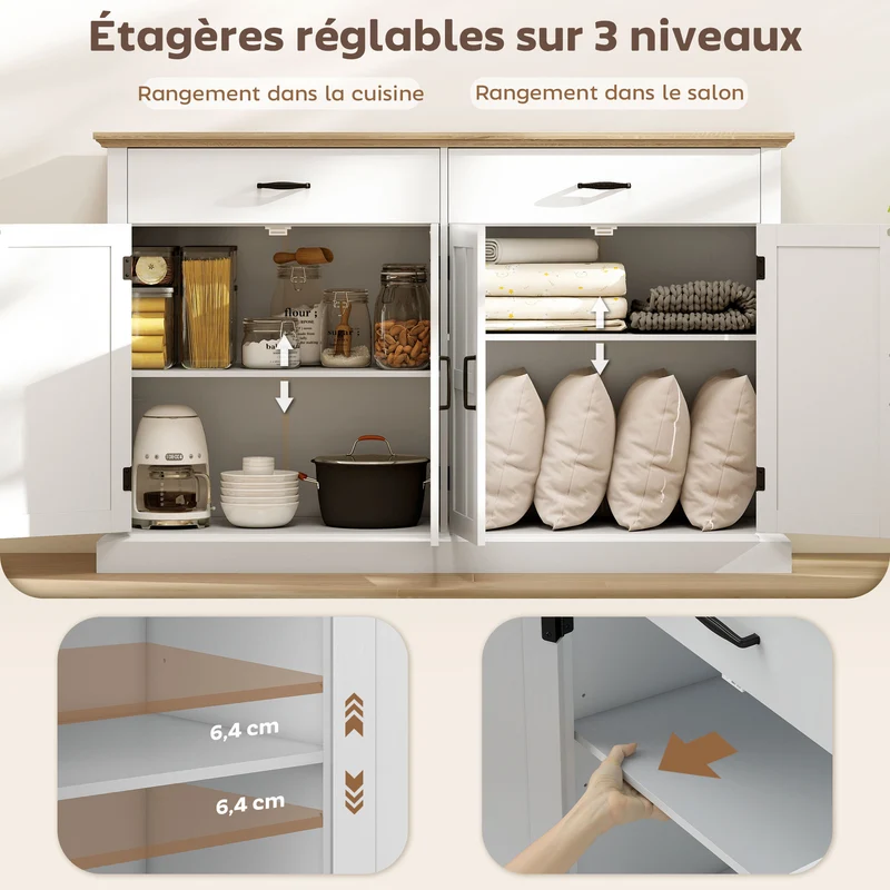 Buffet meuble tv 140 x 40 x 91,5 cm station recharge intégrée et étagères réglables rustique contemporain en MDF blanc 21_0003482