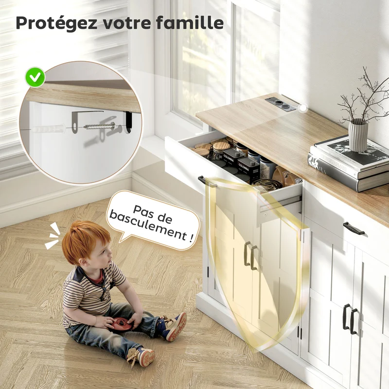 Buffet meuble tv 140 x 40 x 91,5 cm station recharge intégrée et étagères réglables rustique contemporain en MDF blanc 21_0003482