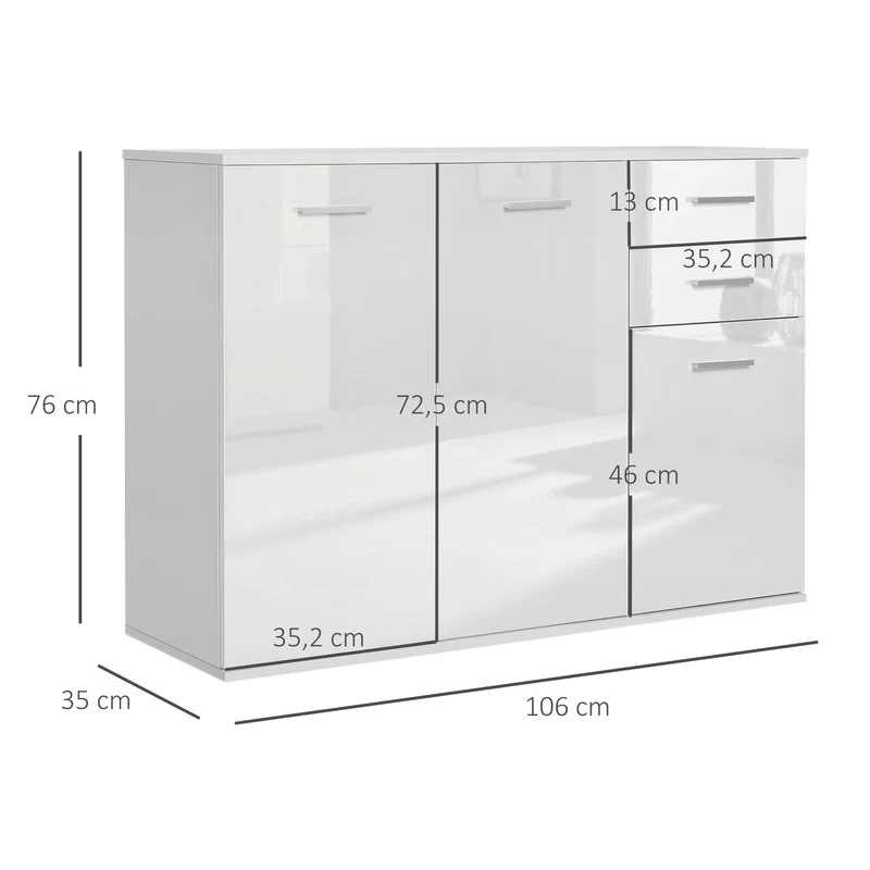 Buffet de rangement 106 x 35 x 76 cm 2 tiroirs étagère réglable brillant contemporain en panneaux de particules blanc 21_0002585