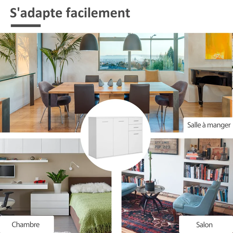 Buffet de rangement 106 x 35 x 76 cm 2 tiroirs étagère réglable brillant contemporain en panneaux de particules blanc 21_0002585