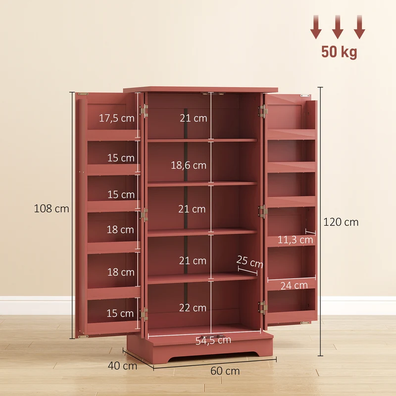 Buffet de cuisine 5 niveaux compact 60 x 40 x 120 cm rangement modulable sécurisé anti-basculement rustique en MDF rouge 21_0003264