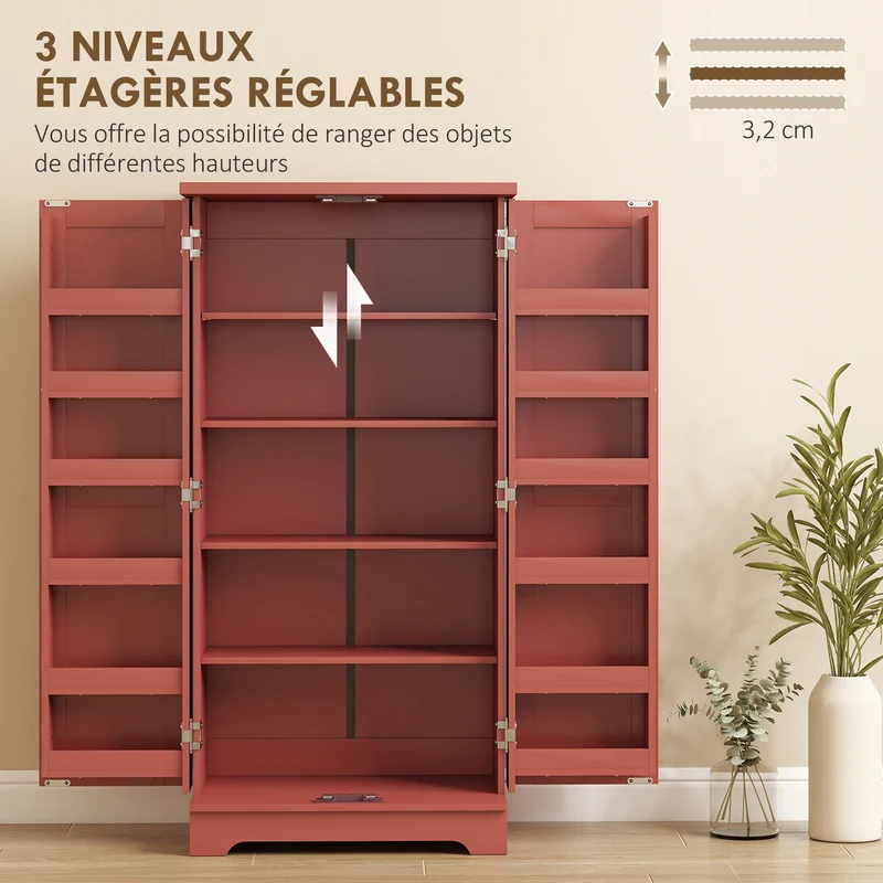 Buffet de cuisine 5 niveaux compact 60 x 40 x 120 cm rangement modulable sécurisé anti-basculement rustique en MDF rouge 21_0003264