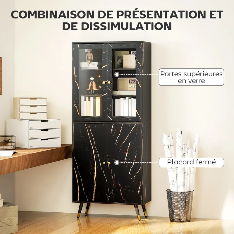 Bibliothèque vitrine 70 x 35 x 170 cm étagères réglables anti basculement design moderne en panneau de particules noir 21_0002555