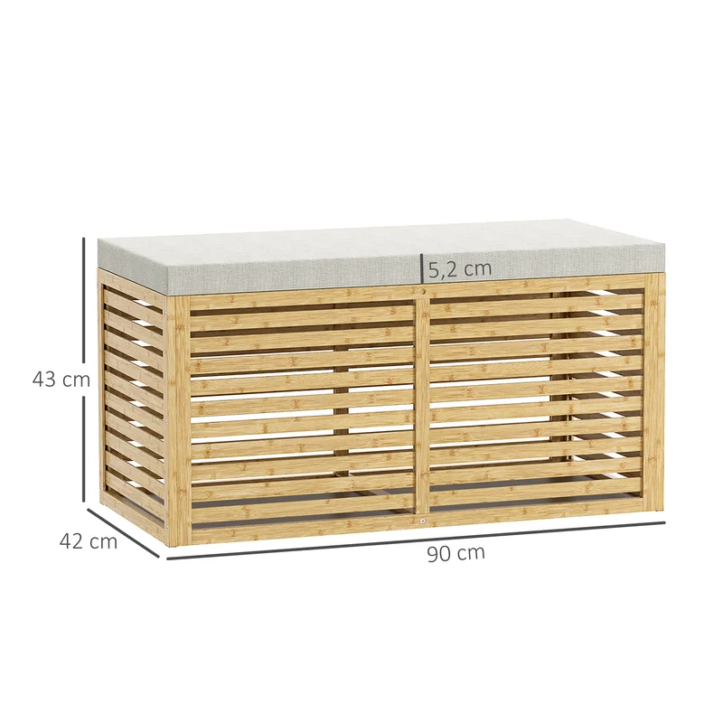 Banquette coffre de rangement salon 90 x 42 x 43 cm 122 l siège rembourré mousse haute densité moderne en bambou gris 21_0002958