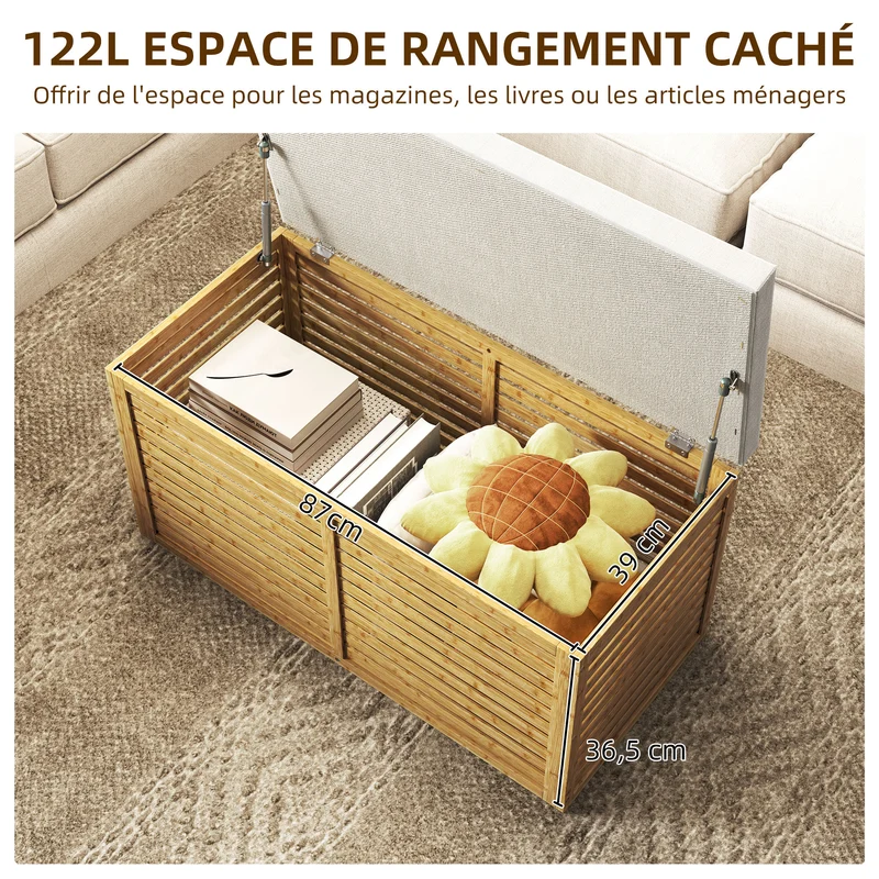 Banquette coffre de rangement salon 90 x 42 x 43 cm 122 l siège rembourré mousse haute densité moderne en bambou gris 21_0002958