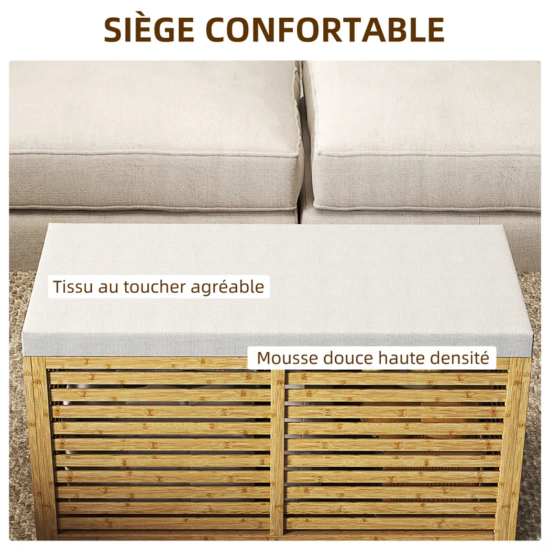Banquette coffre de rangement salon 90 x 42 x 43 cm 122 l siège rembourré mousse haute densité moderne en bambou gris 21_0002958