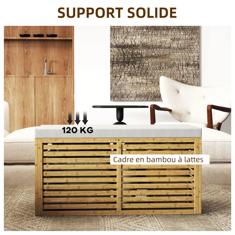 Banquette coffre de rangement salon 90 x 42 x 43 cm 122 l siège rembourré mousse haute densité moderne en bambou gris 21_0002958