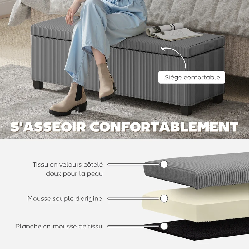 Banc de rangement bout de lit 112 x 42 x 40 cm assise confortable et coffre moderne scandinave en velours côtelé gris 21_0002967