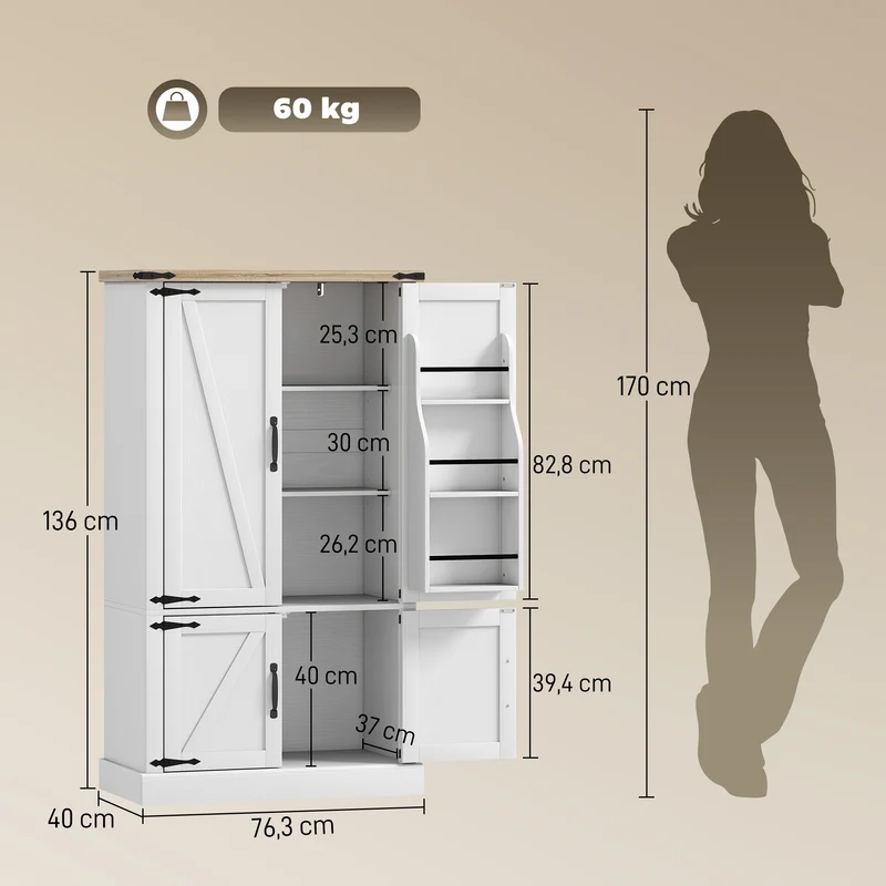 Armoire de cuisine modulable 76,3 x 40 x 136 cm porte-épices étagères réglables style rustique classique en MDF blanc 21_0003370